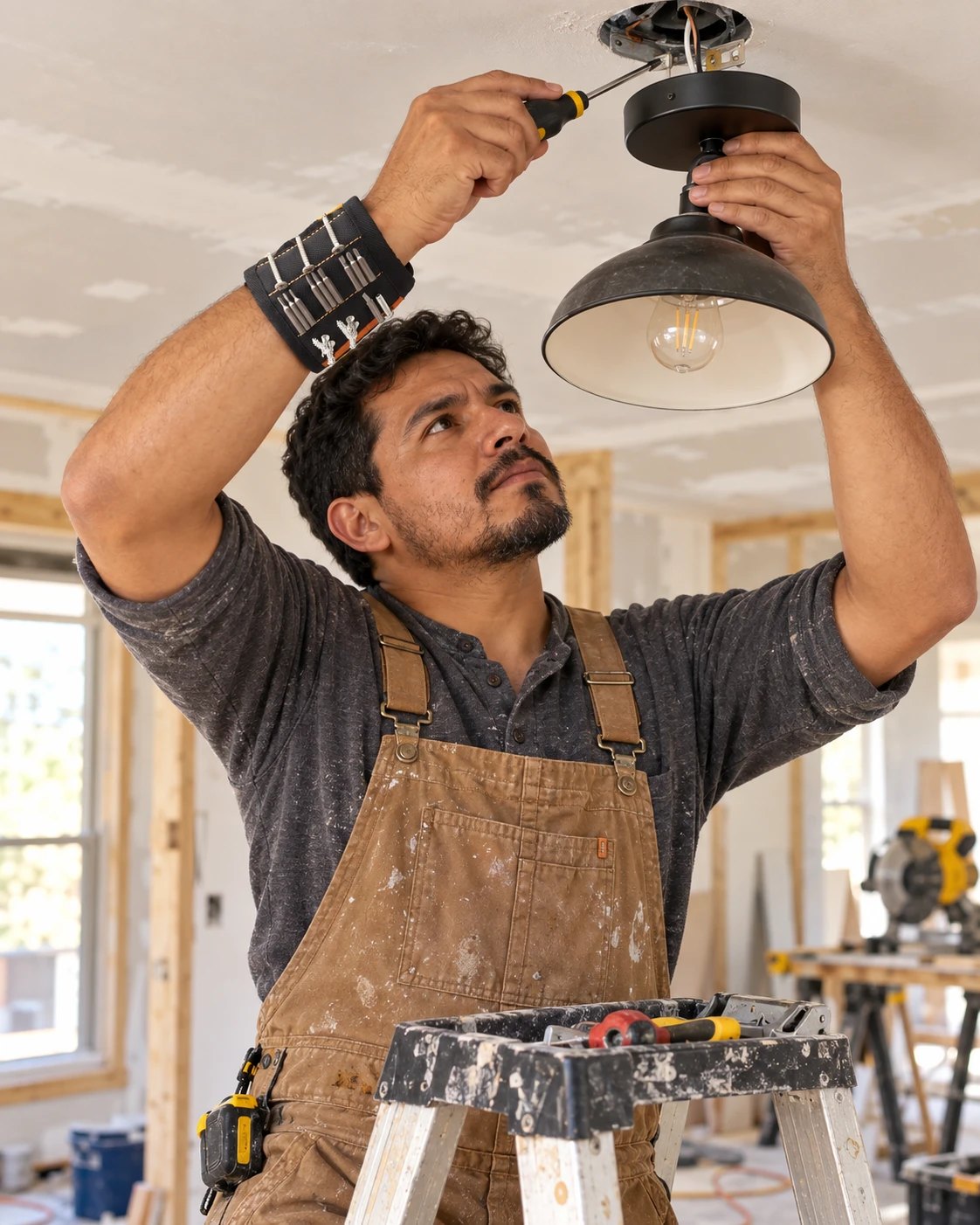 Electricista en una escalera con el brazalete MagniPro ToolBand