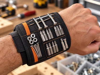 Brazalete MagniPro ToolBand en la muñeca con tornillos, brocas, tuercas y clavos