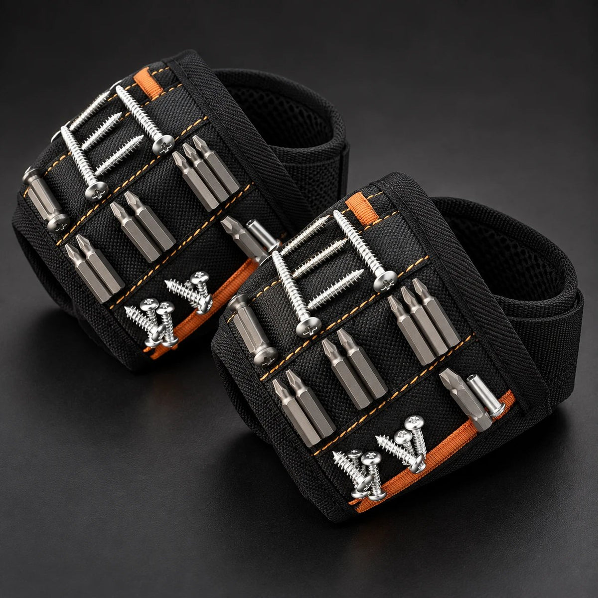 Dos brazaletes magnéticos MagniPro ToolBand con tornillos y brocas